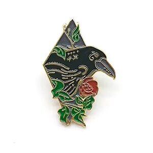 Vintage Style Black Gray Celestial Raven Crow Red Rose Floral Enamel Pin Brooch